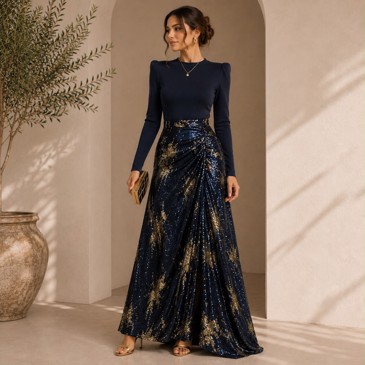 Gold Lacivert Payet Kumaş