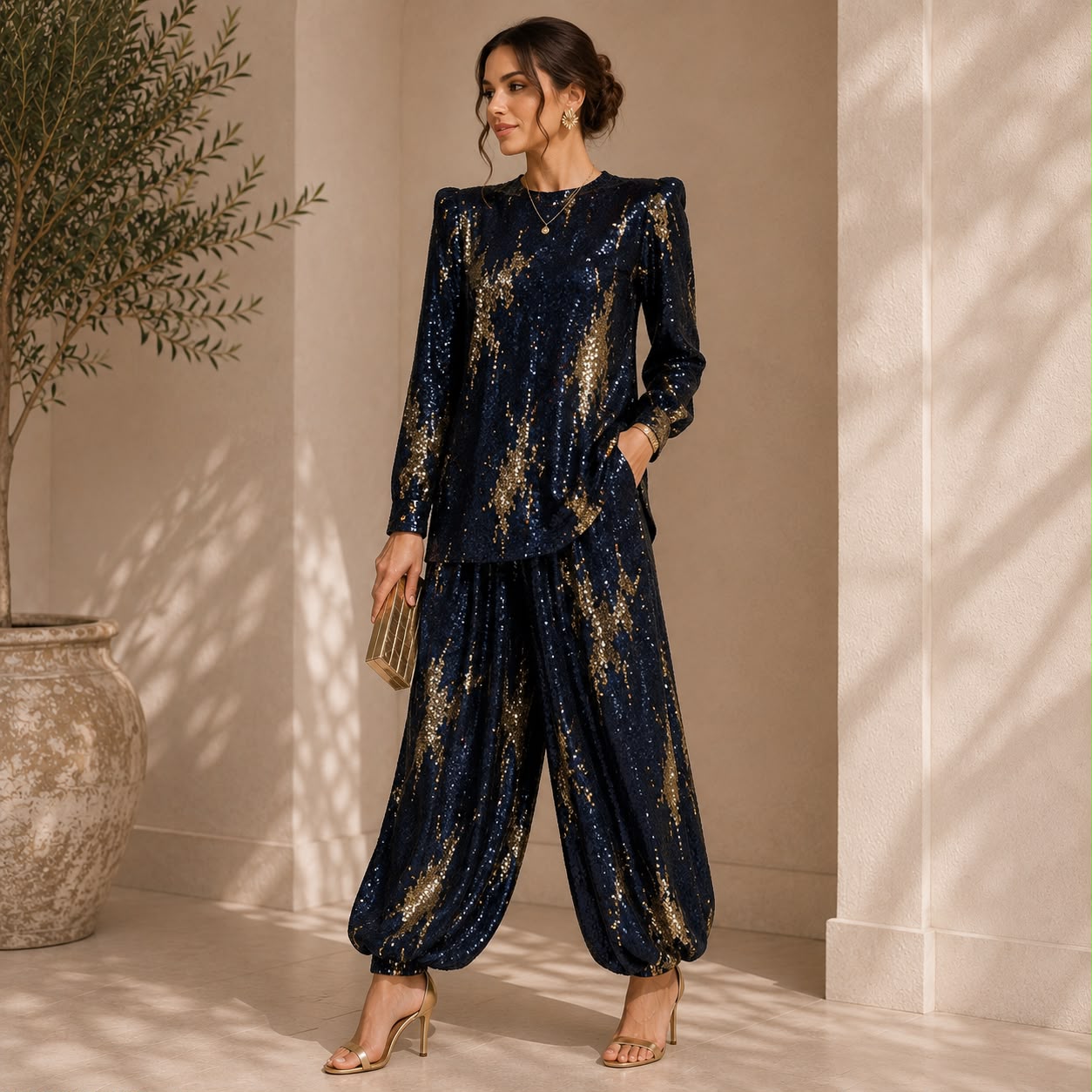 Gold Lacivert Payet Kumaş